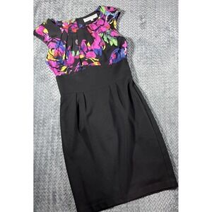 Trina Turk Dress Women's Size‎ 2 Black Blue Pink Floral Silk Lined Sheath
